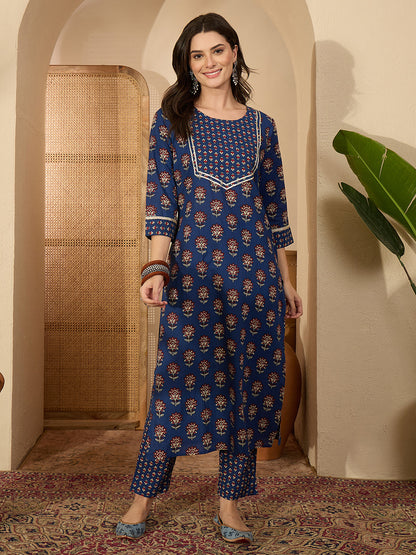 Janasya Women's Dark Blue Pure Cotton Floral Printed Straight Kurta with Pant Set