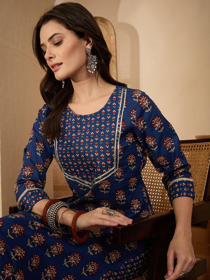 Janasya Women's Dark Blue Pure Cotton Floral Printed Straight Kurta with Pant Set