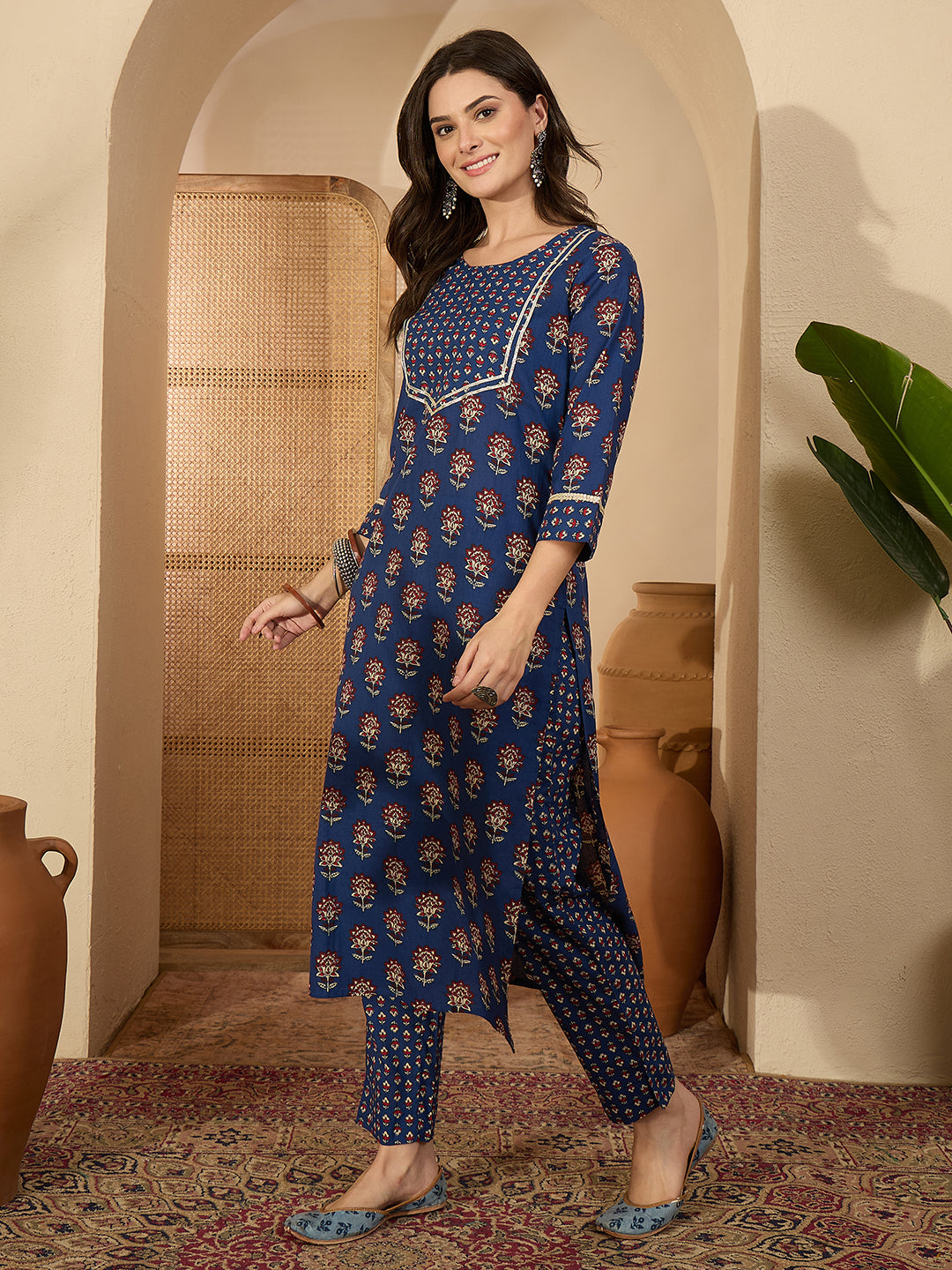 Janasya Women's Dark Blue Pure Cotton Floral Printed Straight Kurta with Pant Set