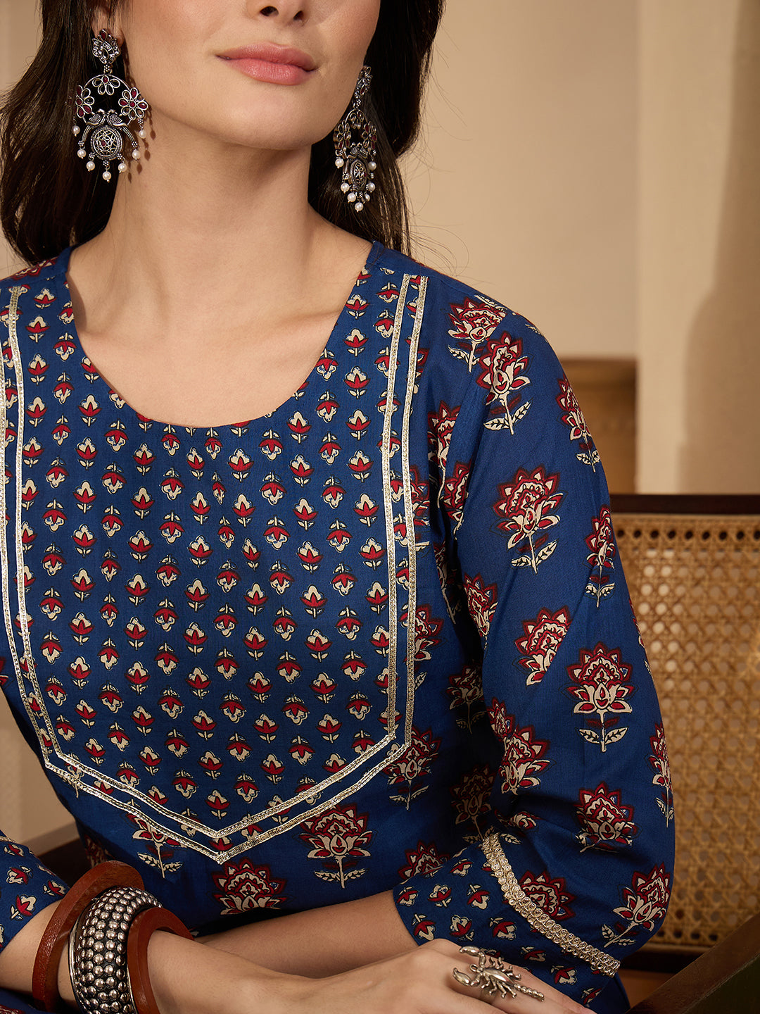 Janasya Women's Dark Blue Pure Cotton Floral Printed Straight Kurta with Pant Set