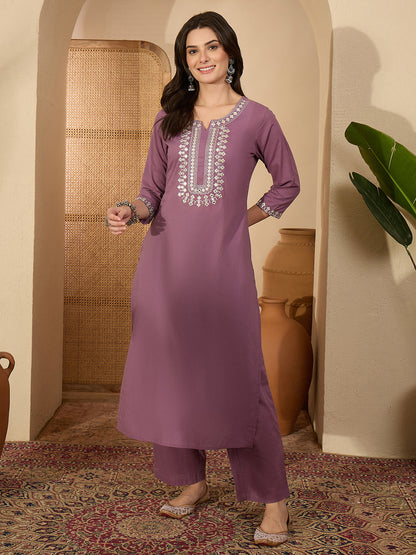 Janasya Women's Lavender Pure Cotton Yoke Embroidered Straight Kurta Pant Set