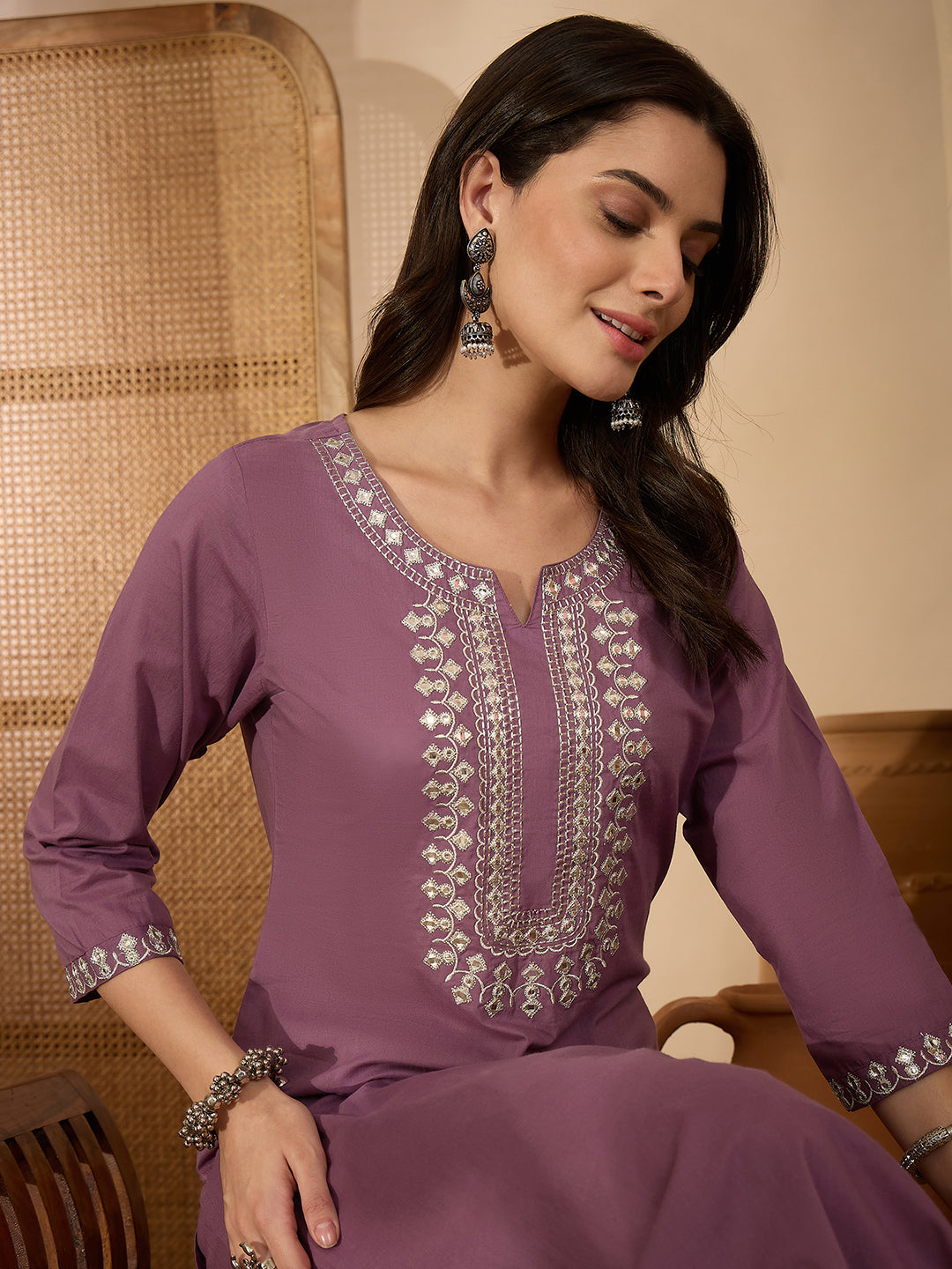 Janasya Women's Lavender Pure Cotton Yoke Embroidered Straight Kurta Pant Set