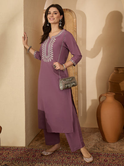 Janasya Women's Lavender Pure Cotton Yoke Embroidered Straight Kurta Pant Set