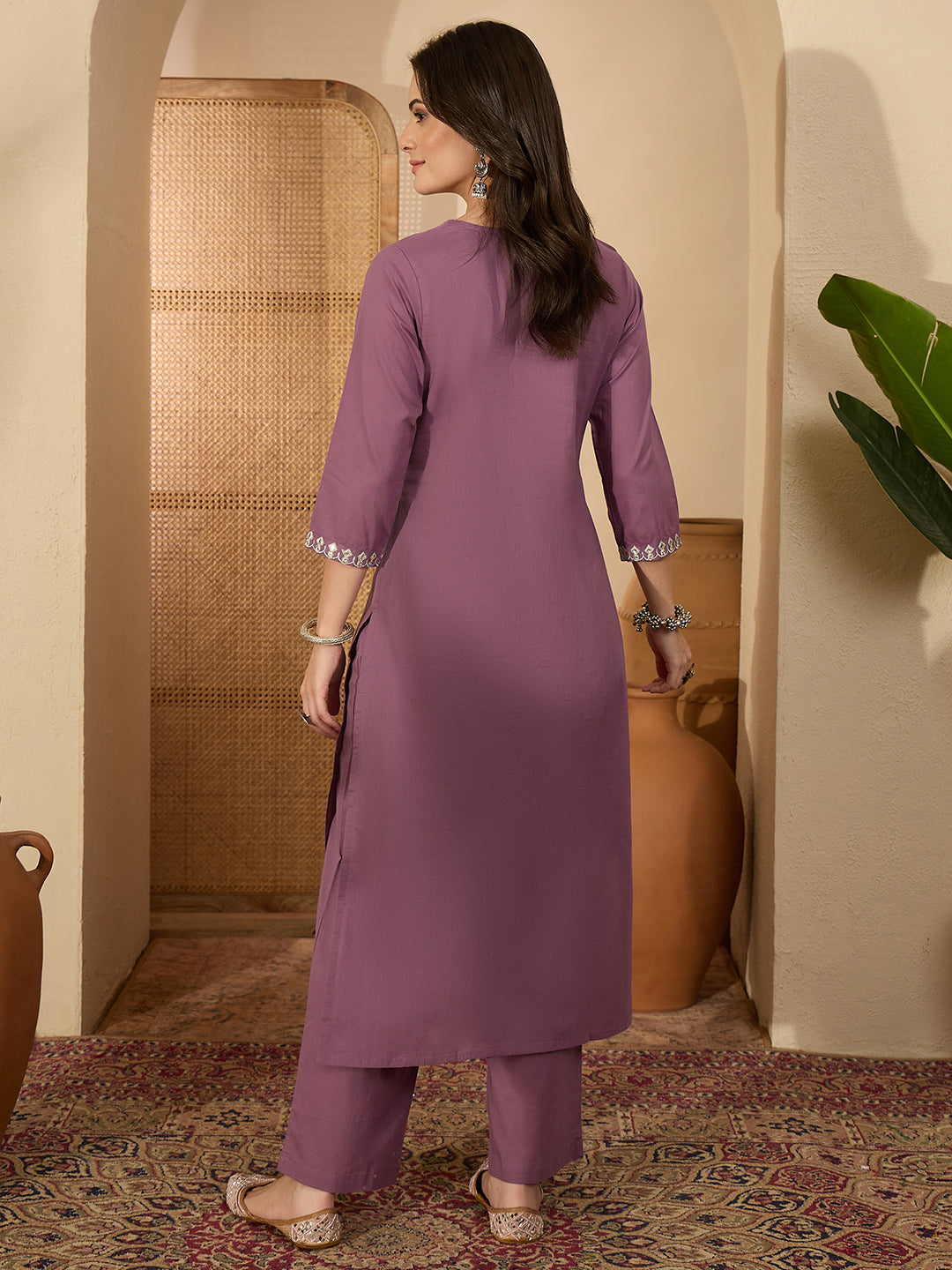 Janasya Women's Lavender Pure Cotton Yoke Embroidered Straight Kurta Pant Set