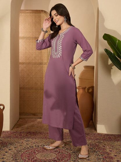 Janasya Women's Lavender Pure Cotton Yoke Embroidered Straight Kurta Pant Set
