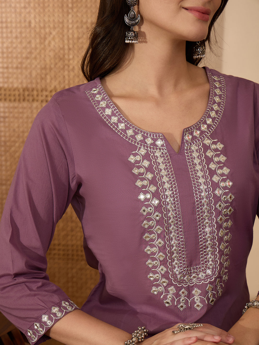 Janasya Women's Lavender Pure Cotton Yoke Embroidered Straight Kurta Pant Set