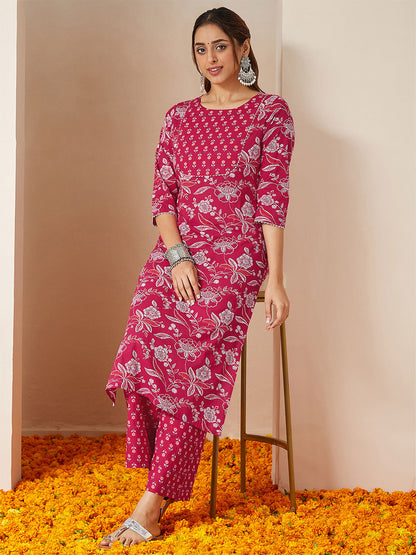 Janasya Women's Magenta Pink Pure Cotton Floral Printed Straight Kurta Pant Set