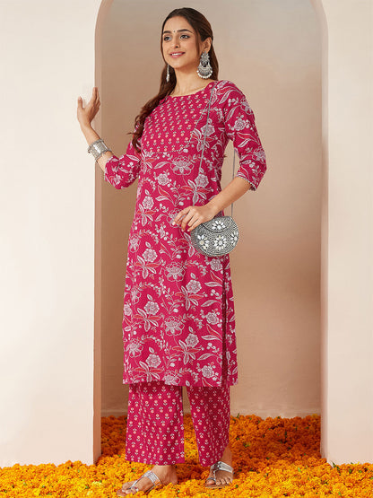 Janasya Women's Magenta Pink Pure Cotton Floral Printed Straight Kurta Pant Set
