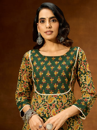 Janasya Women's Green Pure Cotton Paisley Printed Straight Kurta Pant Set