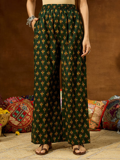 Janasya Women's Green Pure Cotton Floral Printed Straight Kurta Set