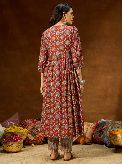 Janasya Women's Maroon Pure Cotton Floral Printed A-line Kurta Pant Set