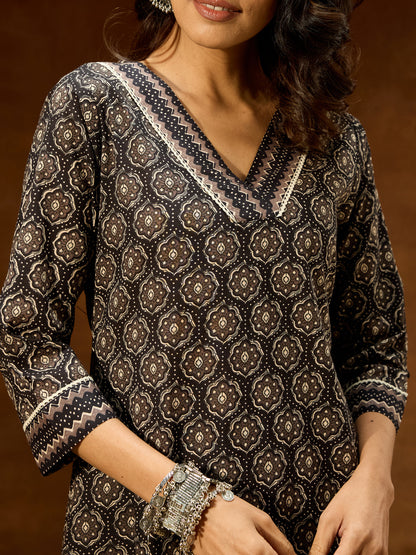 Janasya Women's Black Pure Cotton Ethnic Motifs Printed Straight Kurta Pant Set