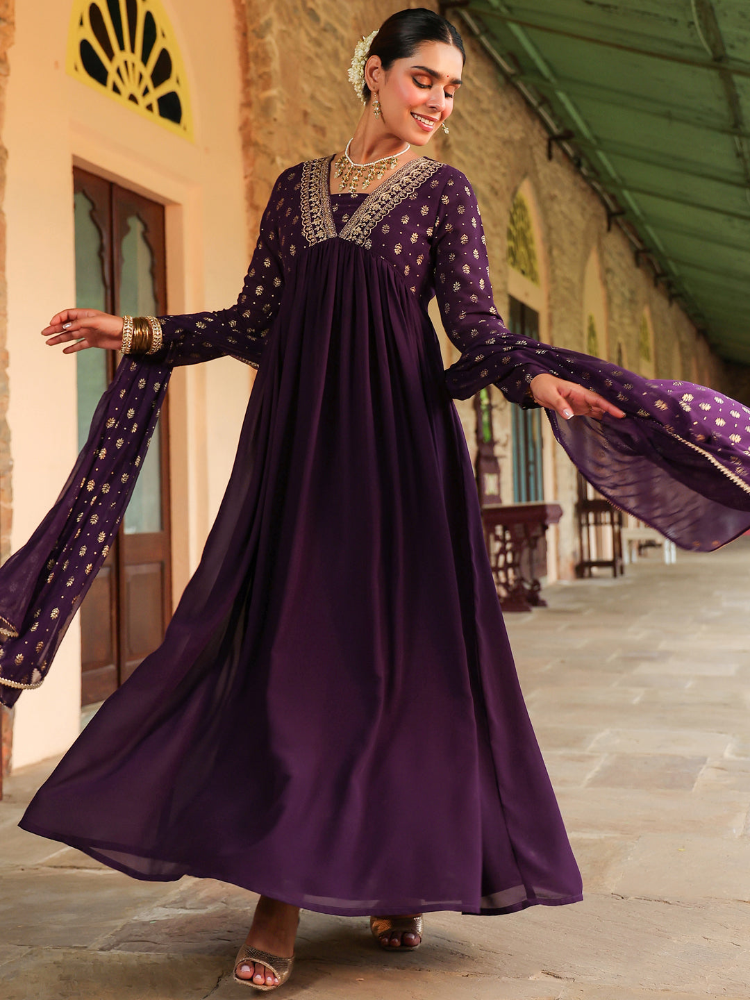 Janasya Women's Purple Georgette Embellished Foil Printed Gathered Kurta With Dupatta Set