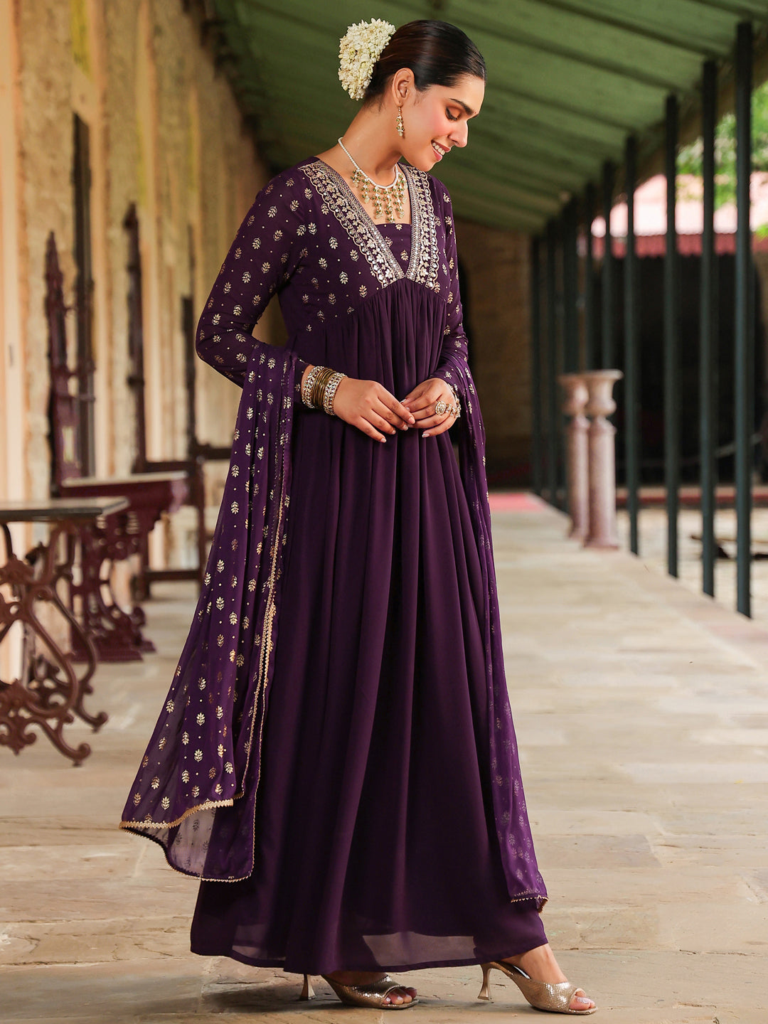 Janasya Women's Purple Georgette Embellished Foil Printed Gathered Kurta With Dupatta Set