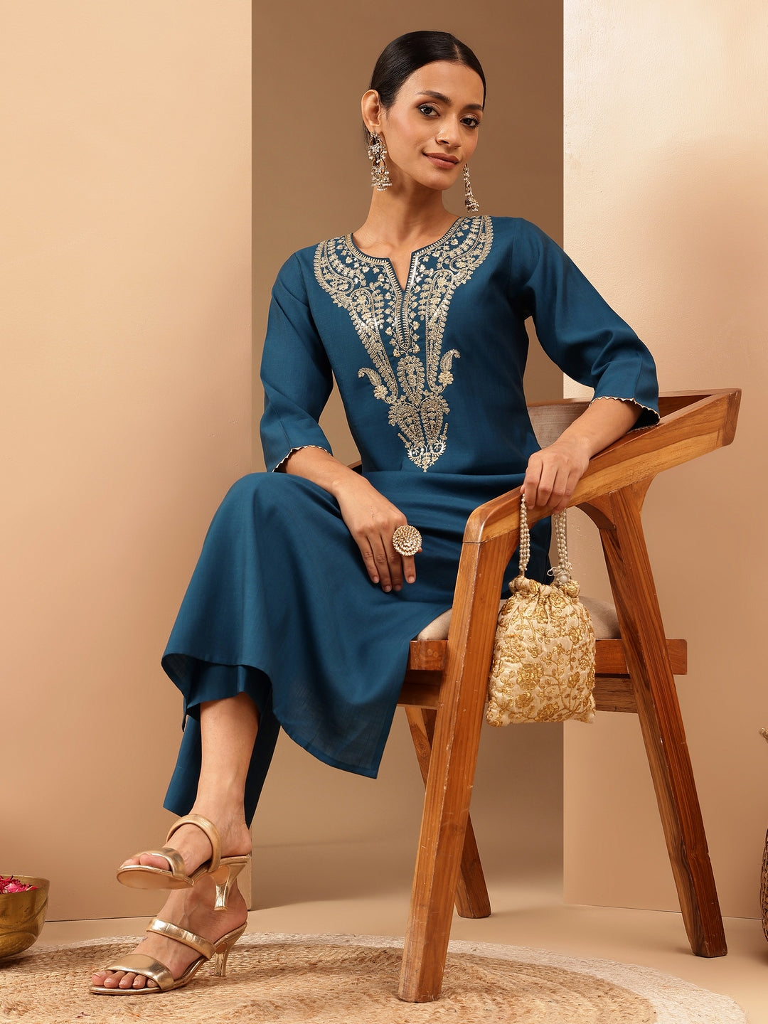 Janasya Women's Teal Blue Silk Blend Zari Yoke Embroidered Straight Kurta