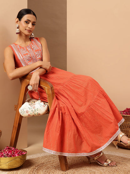 Janasya Women's Orange Pure Cotton Yoke Embroidered Tiered Kurta