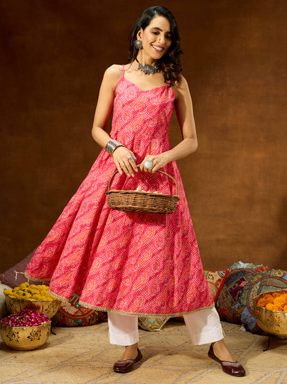 Janasya Women's Pink Pure Cotton Bandhani Printed Anarkali Kurta