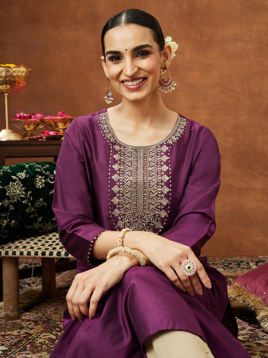 Janasya Women's Wine Chanderi Silk Zari Yoke Embroidered Straight Kurta