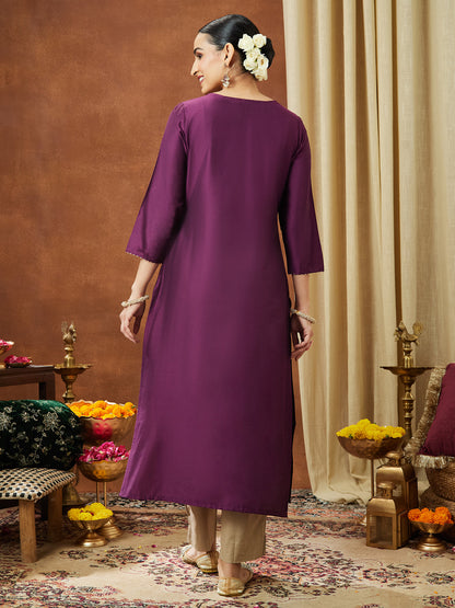 Janasya Women's Wine Chanderi Silk Zari Yoke Embroidered Straight Kurta