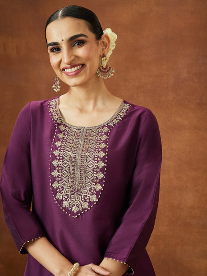 Janasya Women's Wine Chanderi Silk Zari Yoke Embroidered Straight Kurta