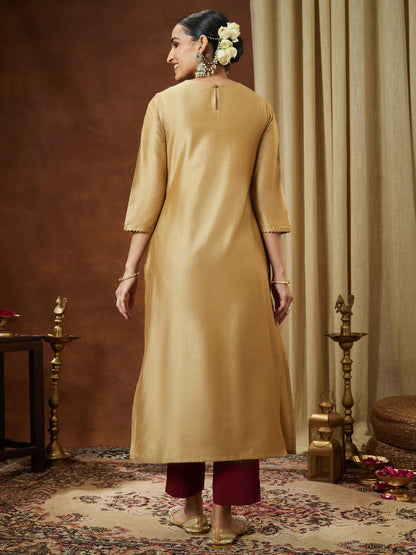 Janasya Women's Beige Chanderi Silk Zari Yoke Embroidered Straight Kurta