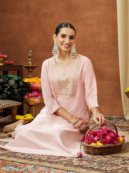 Janasya Women's Light Pink Chanderi Silk Yoke Embroidered Straight Kurta