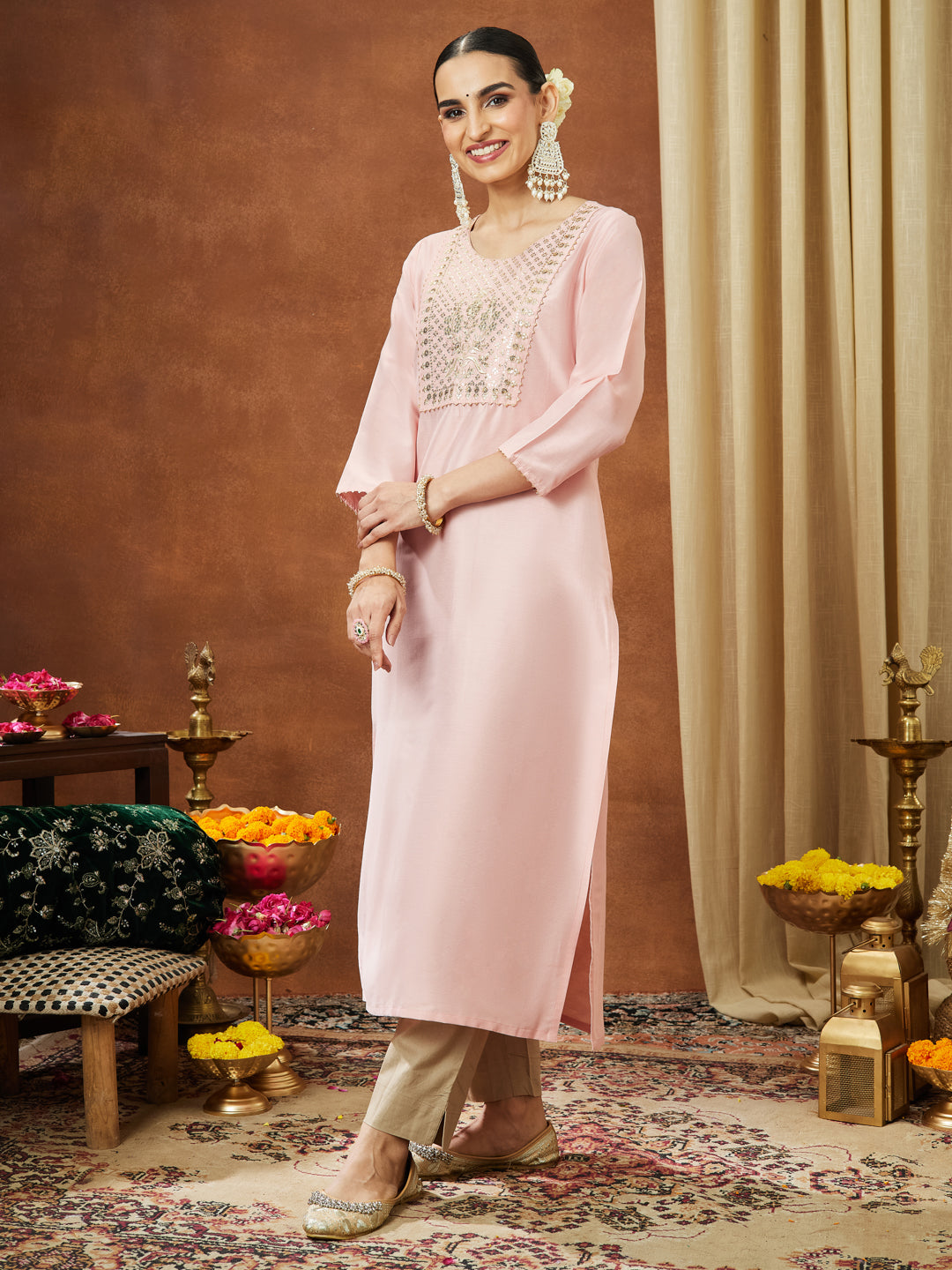 Janasya Women's Light Pink Chanderi Silk Yoke Embroidered Straight Kurta