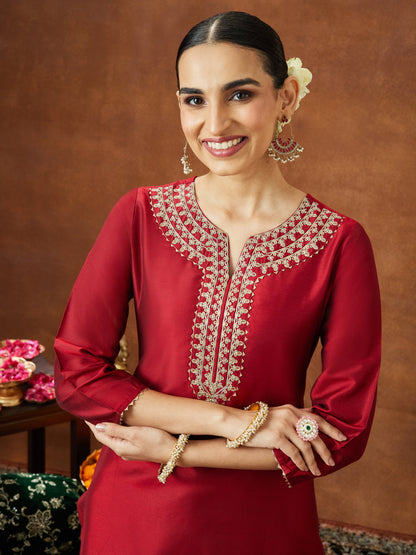 Janasya Women's Maroon Chanderi Silk Zari Yoke Embroidered Straight Kurta