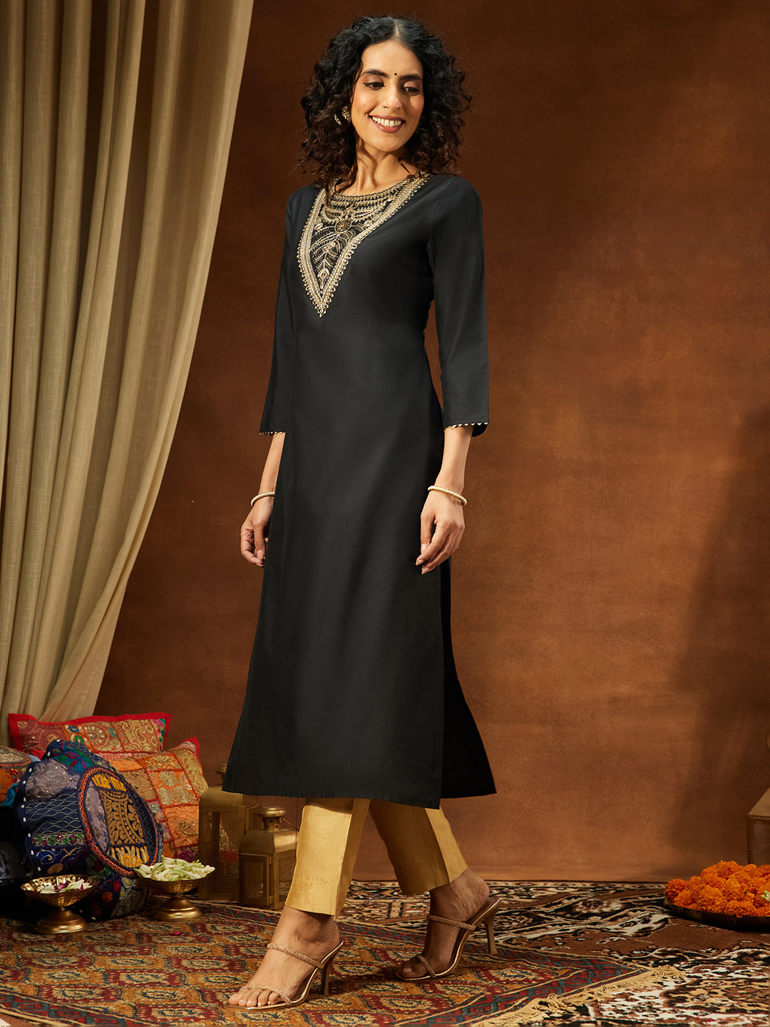 Janasya Women's Black Chanderi Silk Yoke Embroidered Straight Kurta