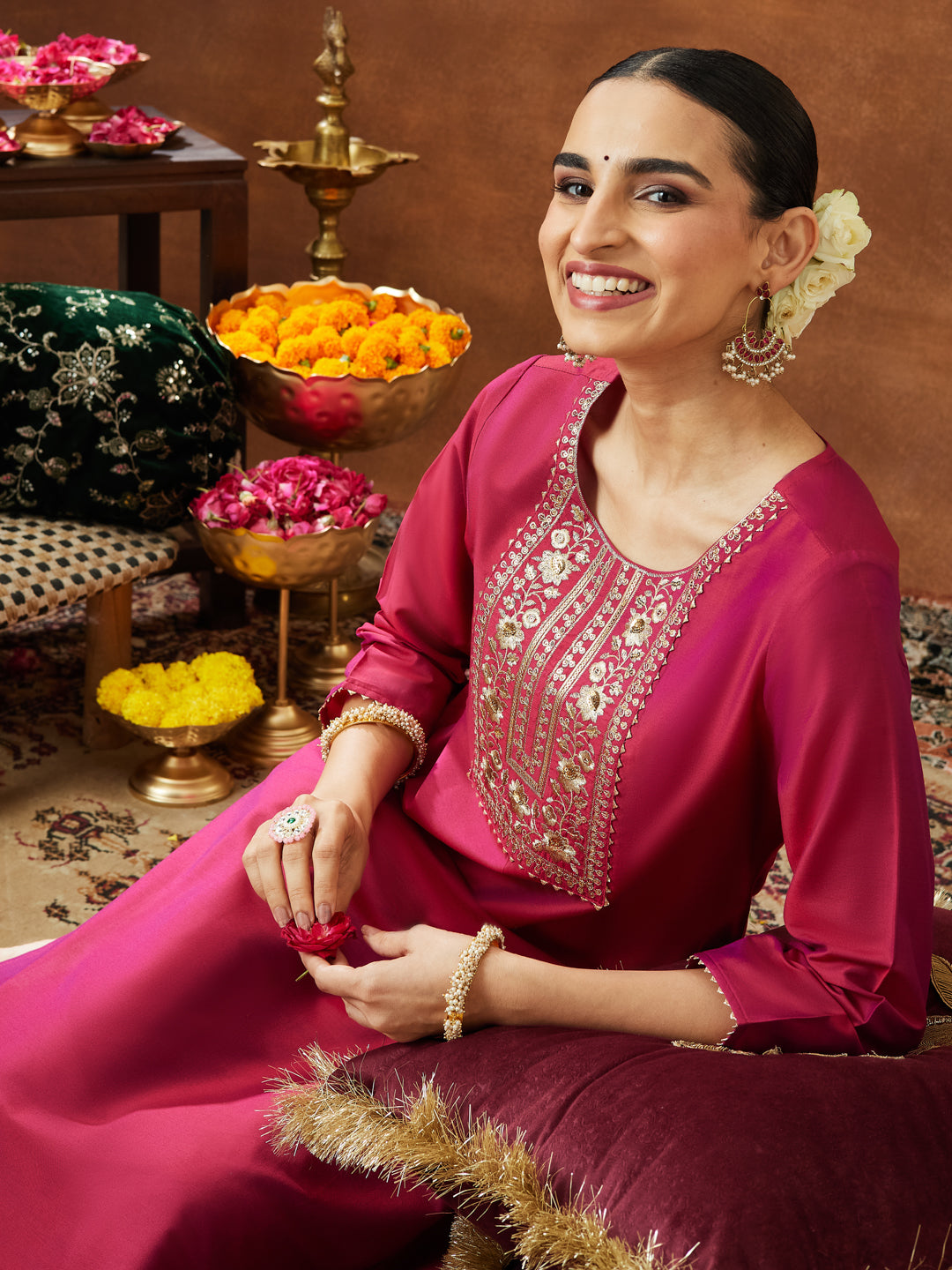 Janasya Women's Pink Chanderi Silk Zari Yoke Embroidered Straight Kurta