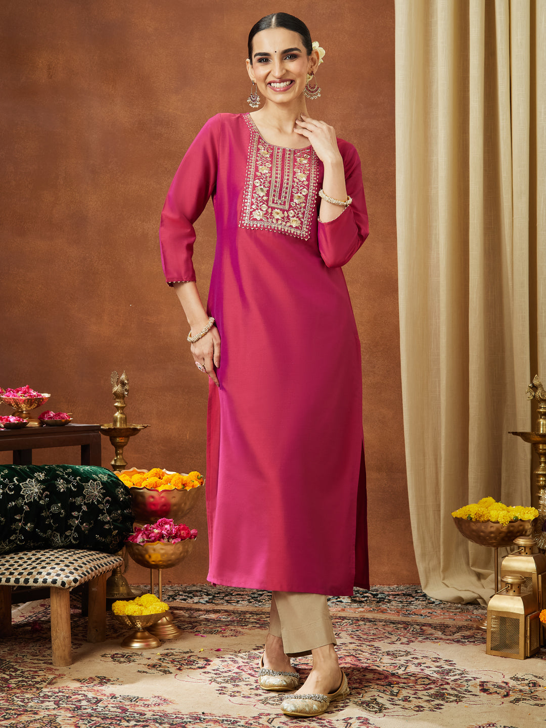 Janasya Women's Pink Chanderi Silk Zari Yoke Embroidered Straight Kurta