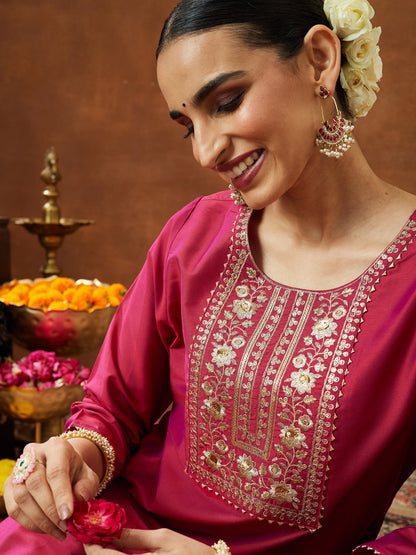 Janasya Women's Pink Chanderi Silk Zari Yoke Embroidered Straight Kurta
