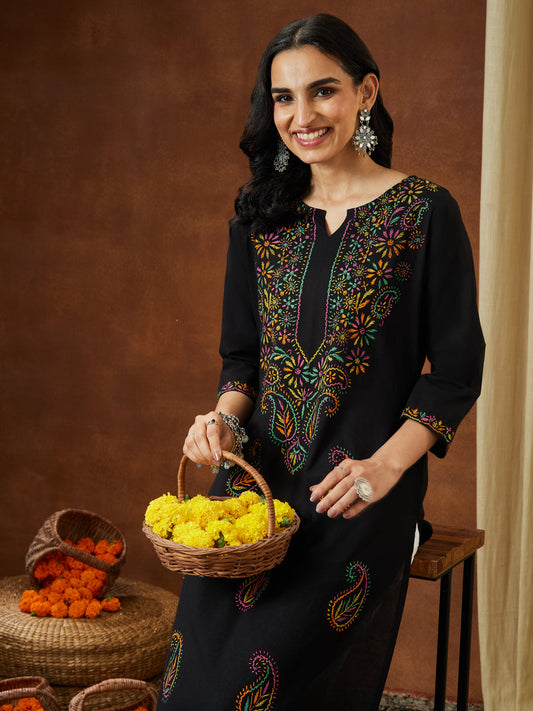 Janasya Women's Black Pure Cotton Paisley Printed Straight Kurta Set