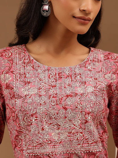 Janasya Women's Pink Pure Cotton Yoke Embroidered Straight Kurta