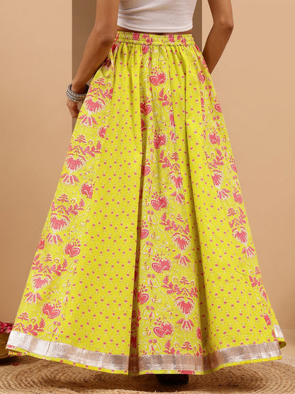 Janasya Women's Lime Yellow Pure Cotton Ethnic Printed Flared Skirt
