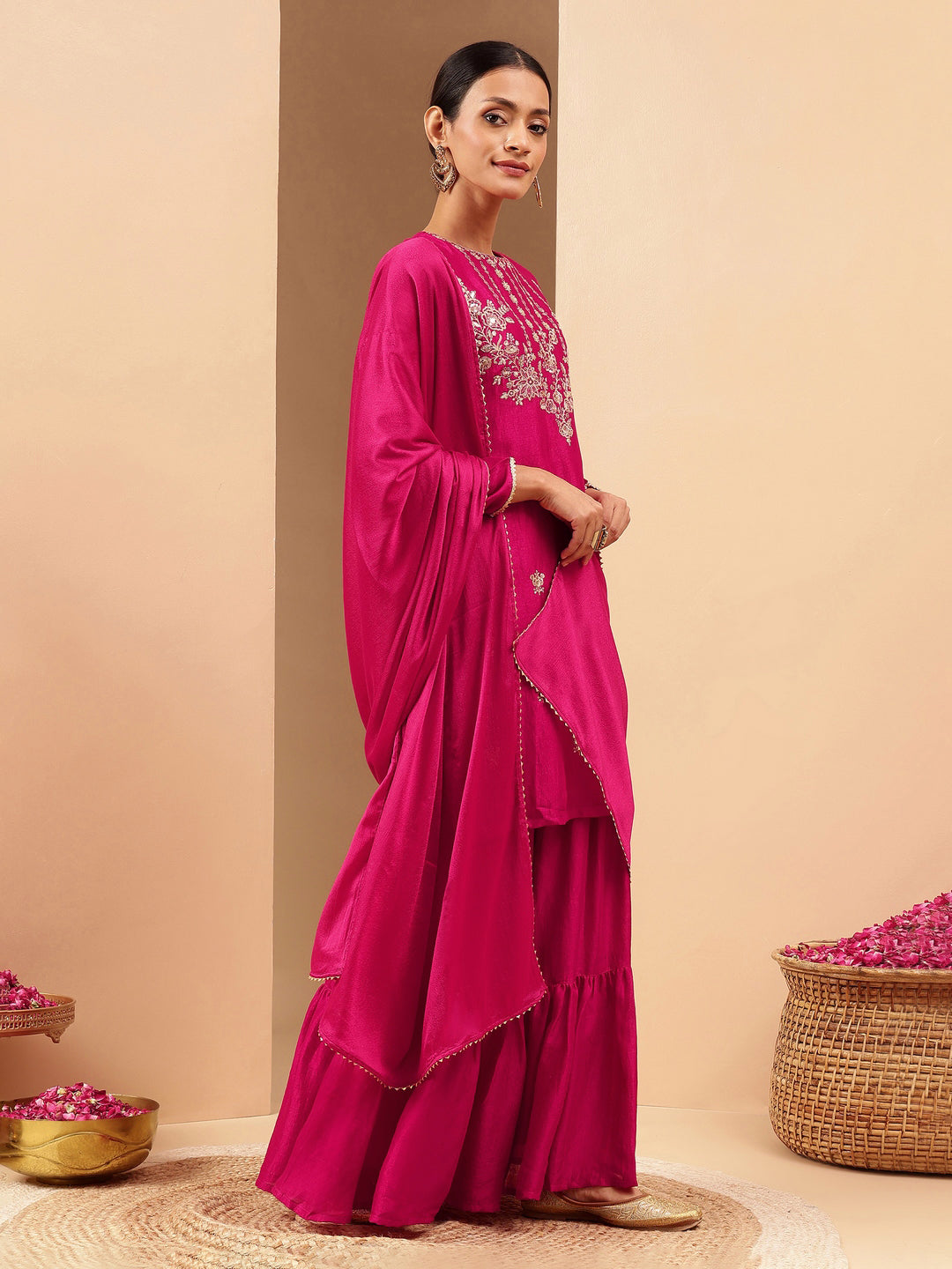 Janasya Women's Pink Silk Blend Zari Embroidered Straight Kurta With Sharara & Dupatta Set
