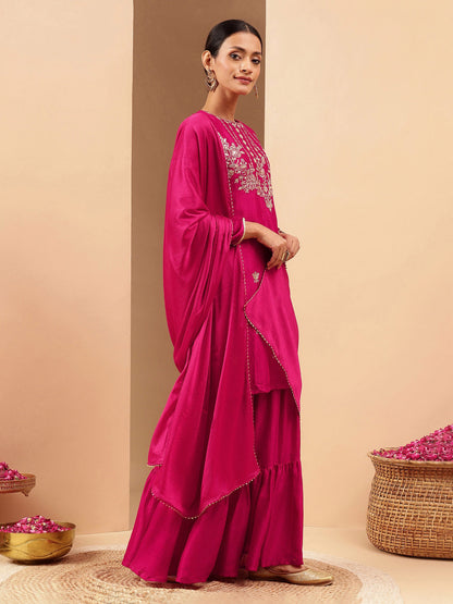 Janasya Women's Pink Silk Blend Zari Embroidered Straight Kurta With Sharara & Dupatta Set