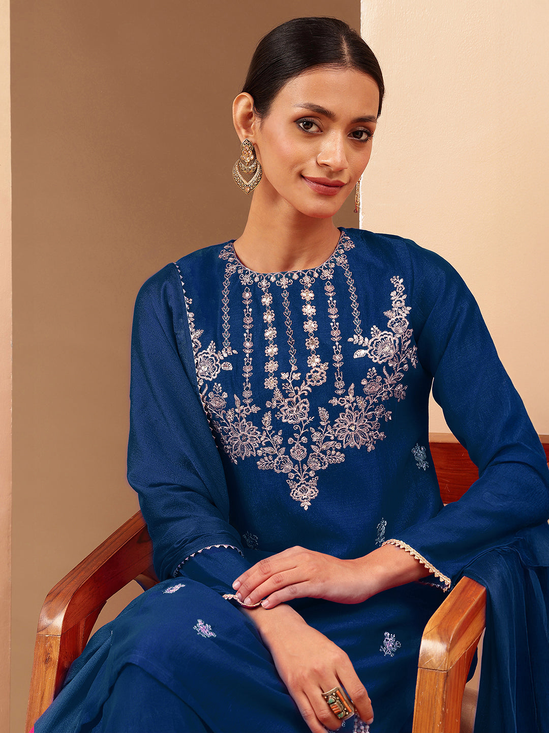 Janasya Women's Teal Blue Silk Blend Zari Embroidered Straight Kurta With Sharara & Dupatta Set