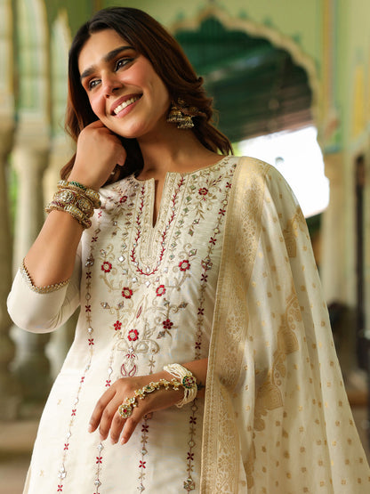 Janasya Women's Off White Chanderi Silk Embroidered Mirror Work Kurta With Sharara & Dupatta Set