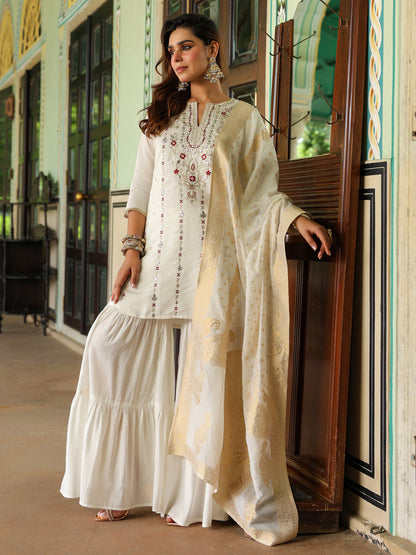 Janasya Women's Off White Chanderi Silk Embroidered Mirror Work Kurta With Sharara & Dupatta Set