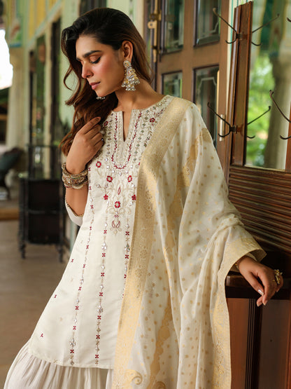 Janasya Women's Off White Chanderi Silk Embroidered Mirror Work Kurta With Sharara & Dupatta Set