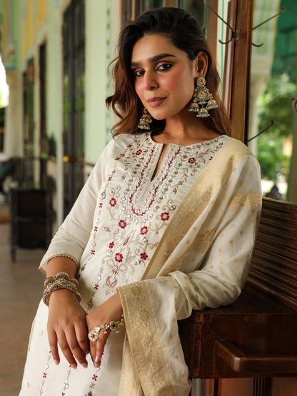 Janasya Women's Off White Chanderi Silk Embroidered Mirror Work Kurta With Sharara & Dupatta Set
