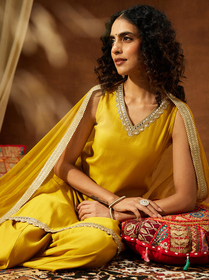 Janasya Women's Yellow Chanderi Silk Embellished Straight Kurta With Sharara & Dupatta Set