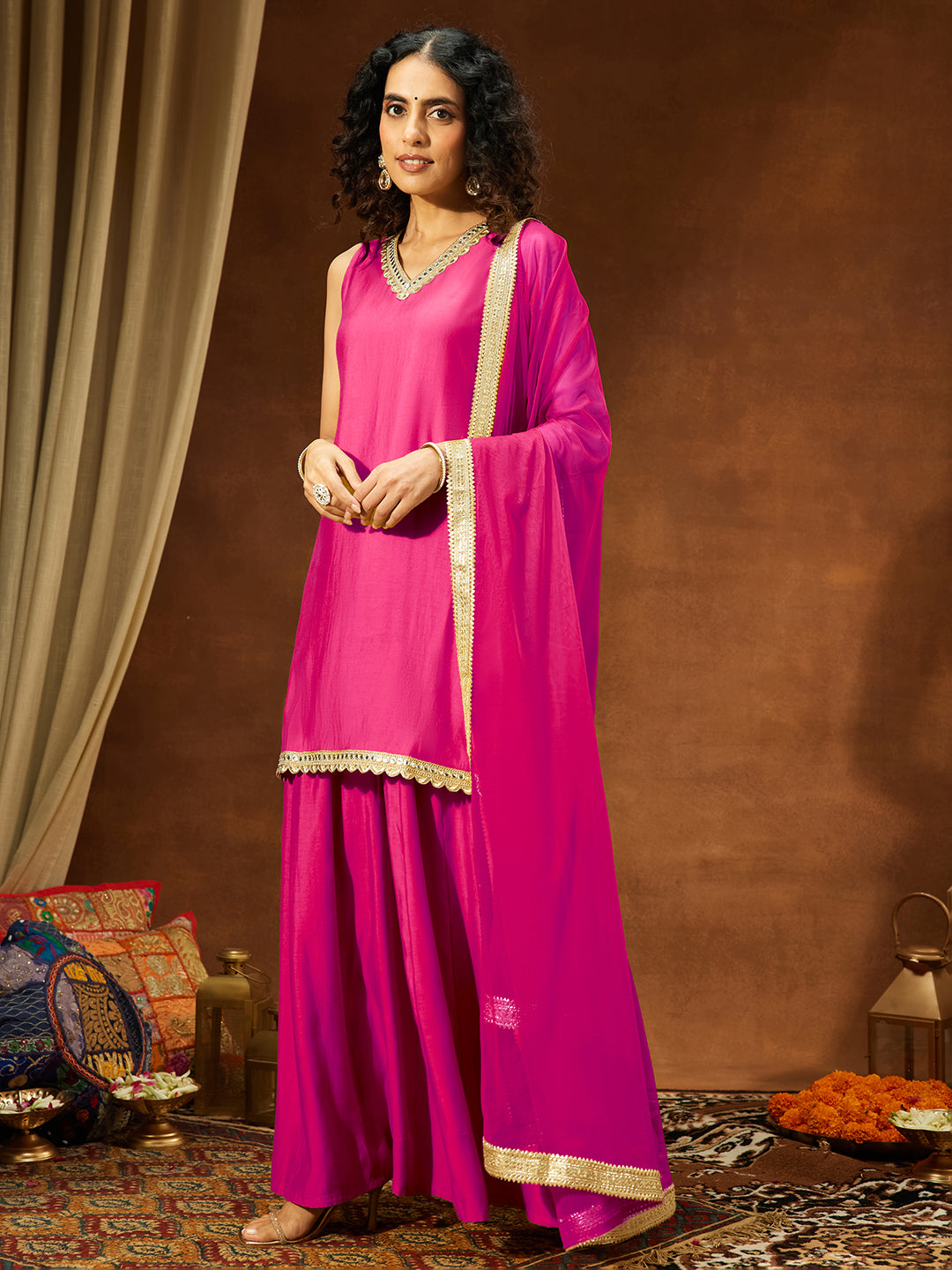 Janasya Women's Pink Chanderi Silk Embellished Straight Kurta With Sharara & Dupatta Set