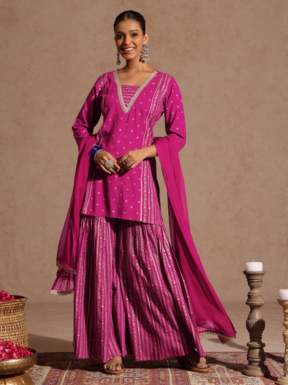 Janasya Women's Pink Rayon Gold Foil Printed Kurti With Sharara & Dupatta Set