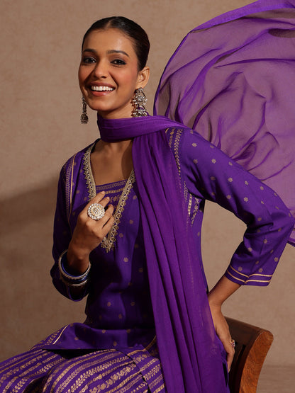 Janasya Women's Purple Rayon Gold Printed Short Kurti With Sharara & Dupatta Set