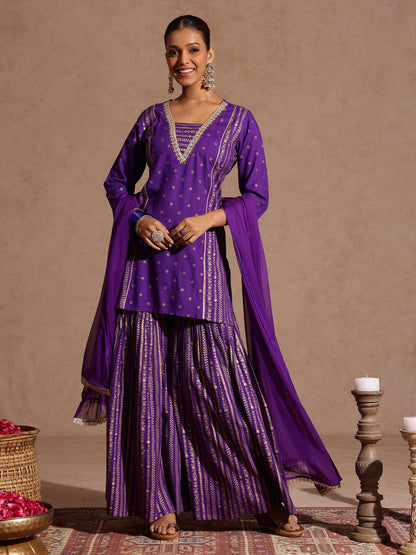 Janasya Women's Purple Rayon Gold Printed Short Kurti With Sharara & Dupatta Set