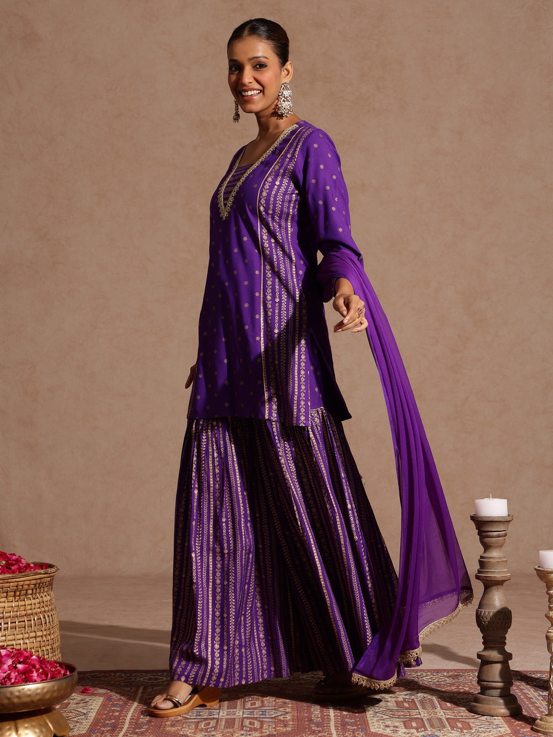 Janasya Women's Purple Rayon Gold Printed Short Kurti With Sharara & Dupatta Set