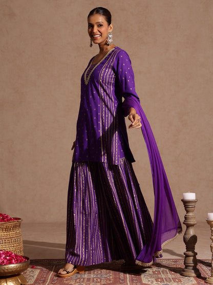Janasya Women's Purple Rayon Gold Printed Short Kurti With Sharara & Dupatta Set