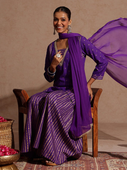 Janasya Women's Purple Rayon Gold Printed Short Kurti With Sharara & Dupatta Set